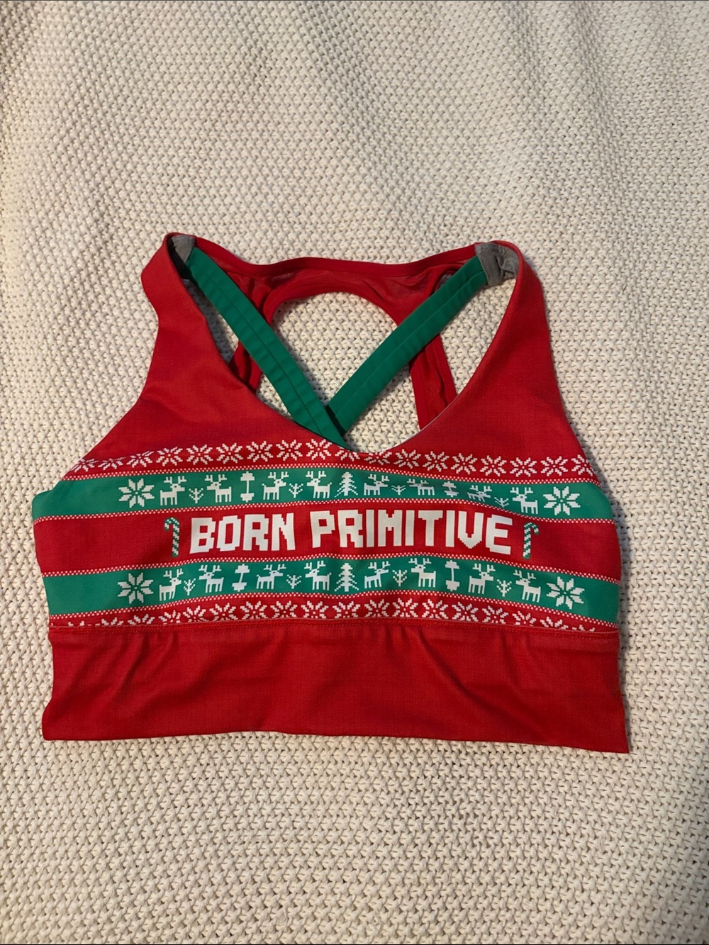 Born Primitive Red and Green Holiday Knit Sports Bra